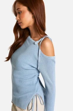 Knitted Tops*boohoo Acid Wash Rib Knit Asymmetric Lace Up One Shoulder Top baby blue