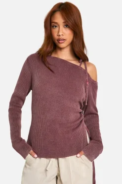 Knitted Tops*boohoo Acid Wash Rib Knit Asymmetric Lace Up One Shoulder Top mauve