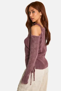 Knitted Tops*boohoo Acid Wash Rib Knit Asymmetric Lace Up One Shoulder Top mauve