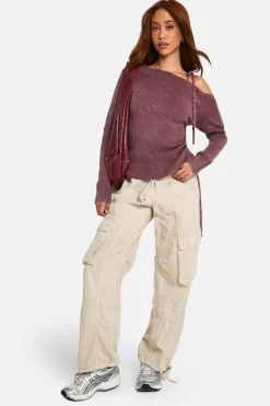 Knitted Tops*boohoo Acid Wash Rib Knit Asymmetric Lace Up One Shoulder Top mauve
