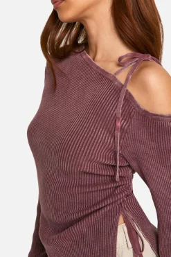 Knitted Tops*boohoo Acid Wash Rib Knit Asymmetric Lace Up One Shoulder Top mauve