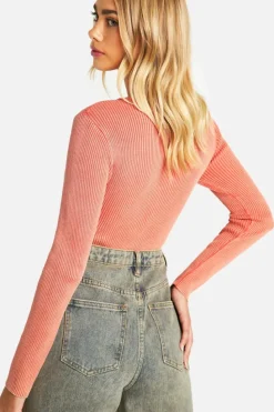 Knitted Tops*boohoo Acid Wash Rib Knit Bodysuit coral