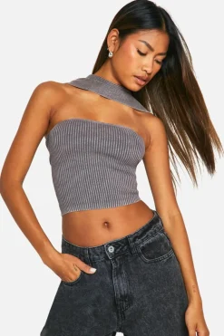 Knitted Tops*boohoo Acid Wash Rib Knit Choker Top taupe