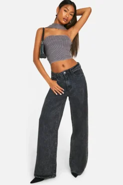 Knitted Tops*boohoo Acid Wash Rib Knit Choker Top taupe