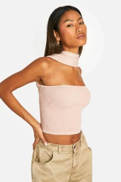 Knitted Tops*boohoo Acid Wash Rib Knit Choker Top baby pink