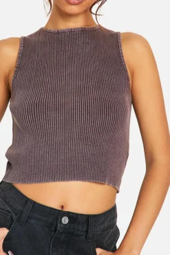Knitted Tops*boohoo Acid Wash Rib Knit Crew Neck Top chocolate
