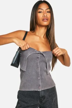Knitted Tops*boohoo Acid Wash Rib Knit Foldover Button Down Bandeau taupe