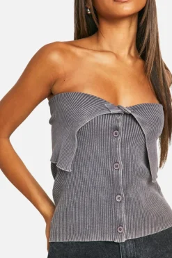 Knitted Tops*boohoo Acid Wash Rib Knit Foldover Button Down Bandeau taupe