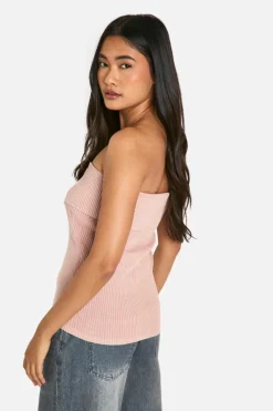 Knitted Tops*boohoo Acid Wash Rib Knit Foldover Button Down Bandeau baby pink