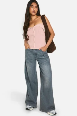 Knitted Tops*boohoo Acid Wash Rib Knit Foldover Button Down Bandeau baby pink