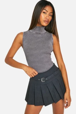 Knitted Tops*boohoo Acid Wash Rib Knit Roll Neck Sleeveless Bodysuit taupe