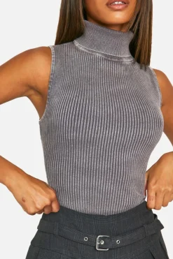 Knitted Tops*boohoo Acid Wash Rib Knit Roll Neck Sleeveless Bodysuit taupe
