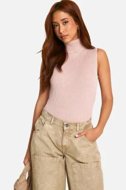 Knitted Tops*boohoo Acid Wash Rib Knit Roll Neck Sleeveless Bodysuit baby pink