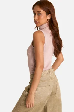 Knitted Tops*boohoo Acid Wash Rib Knit Roll Neck Sleeveless Bodysuit baby pink