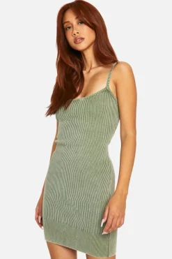 Jumper Dresses|Jumper Dresses*boohoo Acid Wash Rib Knit Scoop Strappy Mini Dress sage
