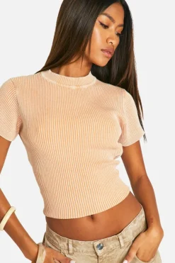 Knitted Tops*boohoo Acid Wash Rib Knit Short Sleeve Knitted Top orange