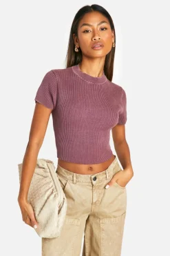Knitted Tops*boohoo Acid Wash Rib Knit Short Sleeve Knitted Top mauve