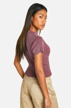 Knitted Tops*boohoo Acid Wash Rib Knit Short Sleeve Knitted Top mauve