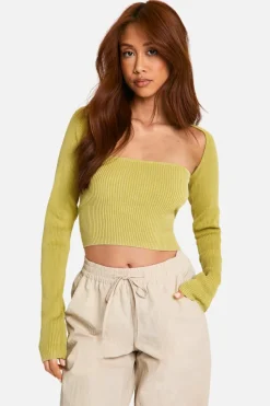 Knitted Tops*boohoo Acid Wash Rib Knit Square Neck 2 In 1 Top olive