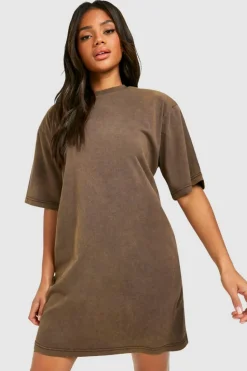 Shirt Dresses|T-Shirt Dresses*boohoo Acid Wash Shoulder Pad T-shirt Dress chocolate
