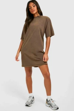 Shirt Dresses|T-Shirt Dresses*boohoo Acid Wash Shoulder Pad T-shirt Dress chocolate