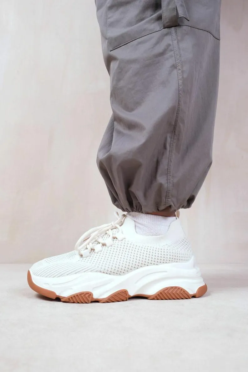 Trainers*Where's That From Advantage' Chunky Sole Mesh Knit Lace Up Trainers Beige