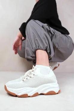 Trainers*Where's That From Advantage' Chunky Sole Mesh Knit Lace Up Trainers Beige