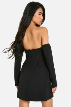 A Line Dresses|Skater Dresses*boohoo A-Line Bardot Long Sleeve Mini Dress black