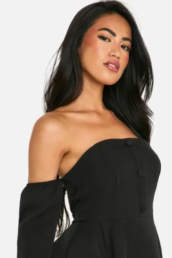 A Line Dresses|Skater Dresses*boohoo A-Line Bardot Long Sleeve Mini Dress black