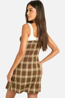 A Line Dresses*boohoo A-Line Satin Trim Check Dress brown
