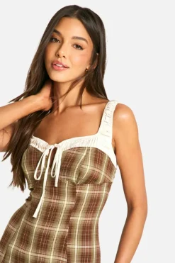 A Line Dresses*boohoo A-Line Satin Trim Check Dress brown