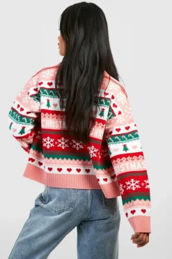 Cardigans|Jumpers & Cardigans*boohoo All Over Jacquard Fairisle Christmas Cardigan pink