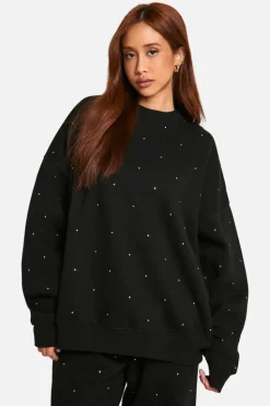 Sweatshirts|Hoodies & Sweatshirts*boohoo All Over Rhinestone Crew Neck Oversized Sweatshirt black
