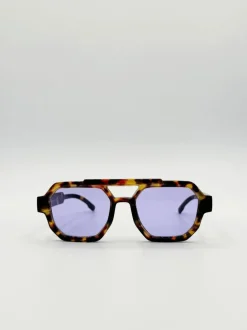 Sunglasses*SVNX Angular Navigator style sunglasses in leopard print with Purple Lenses Brown