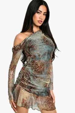 Skater Dresses|Mini Dresses*boohoo Animal Mesh Drape Frill Long Sleeve Mini Dress brown