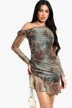 Skater Dresses|Mini Dresses*boohoo Animal Mesh Drape Frill Long Sleeve Mini Dress brown