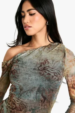 Skater Dresses|Mini Dresses*boohoo Animal Mesh Drape Frill Long Sleeve Mini Dress brown