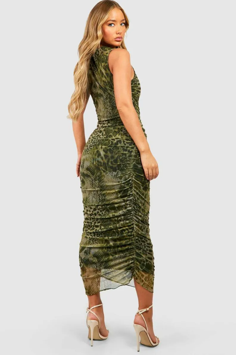 Bodycon Dresses*boohoo Animal Print Rouched Mesh Midaxi Dress khaki