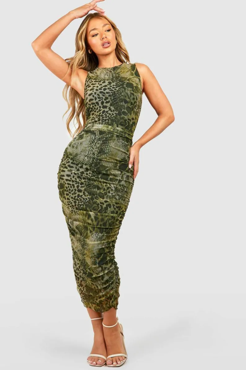 Bodycon Dresses*boohoo Animal Print Rouched Mesh Midaxi Dress khaki