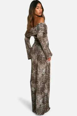 Maxi Dresses*boohoo Animal Rib Knit Slouchy Bardot Maxi Dress brown
