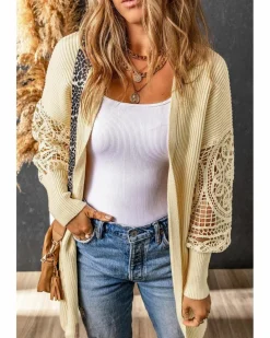 Cardigans*Azura Exchange Apricot Crochet Lace Sleeve Ribbed Knit Cardigan Beige