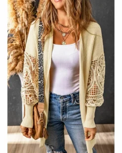 Cardigans*Azura Exchange Apricot Crochet Lace Sleeve Ribbed Knit Cardigan Beige