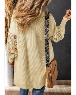 Cardigans*Azura Exchange Apricot Crochet Lace Sleeve Ribbed Knit Cardigan Beige