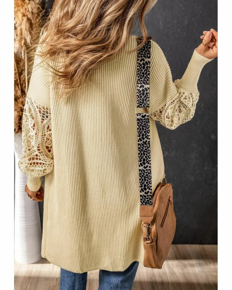Cardigans*Azura Exchange Apricot Crochet Lace Sleeve Ribbed Knit Cardigan Beige