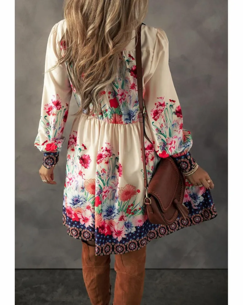 Shirt Dresses*Azura Exchange Apricot Floral Print Buttoned High Waist Shirt Mini Dress Beige
