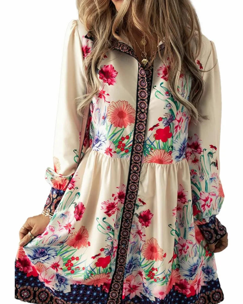 Shirt Dresses*Azura Exchange Apricot Floral Print Buttoned High Waist Shirt Mini Dress Beige