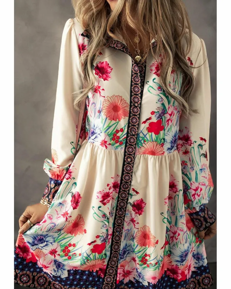 Shirt Dresses*Azura Exchange Apricot Floral Print Buttoned High Waist Shirt Mini Dress Beige