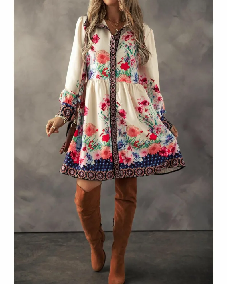Shirt Dresses*Azura Exchange Apricot Floral Print Buttoned High Waist Shirt Mini Dress Beige
