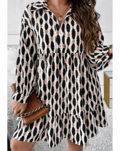 Shirt Dresses*Azura Exchange Apricot Geometric Print Collared V Neck Plus Size Mini Dress Beige