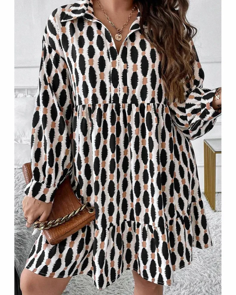 Shirt Dresses*Azura Exchange Apricot Geometric Print Collared V Neck Plus Size Mini Dress Beige